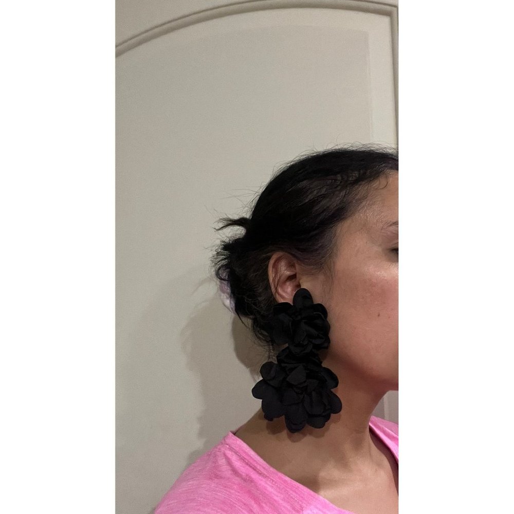 Black flower earrings leaf black fabric earrings large earrings big soft petals